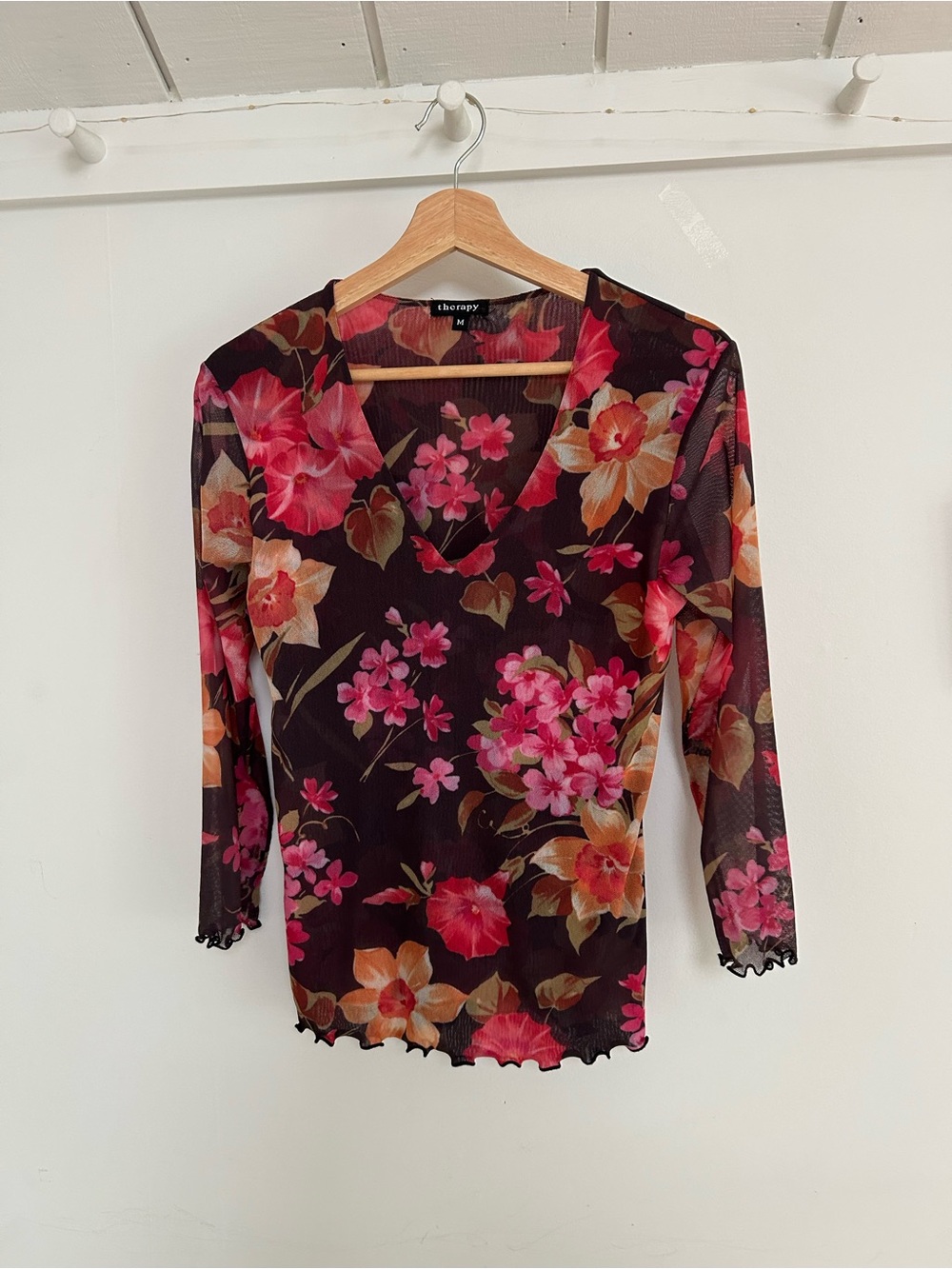 90s 2000s Vintage Mesh Floral Top
